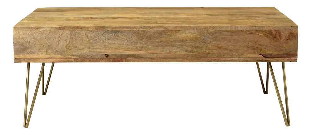 Tavolino inciso in legno di mango e metallo dorato LINIUM
