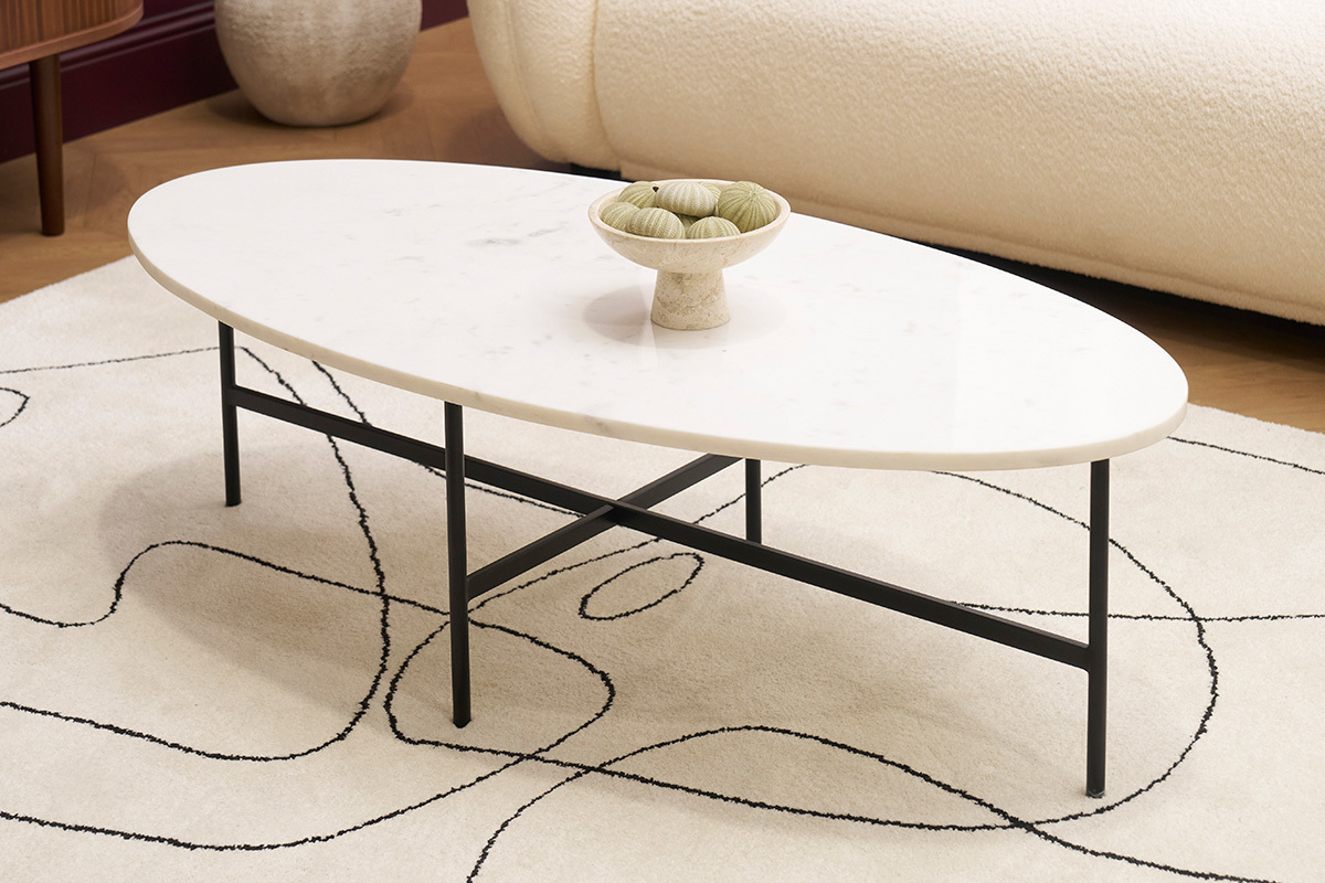 Tavolino ovale in marmo bianco e metallo nero L115 cm CARRARE