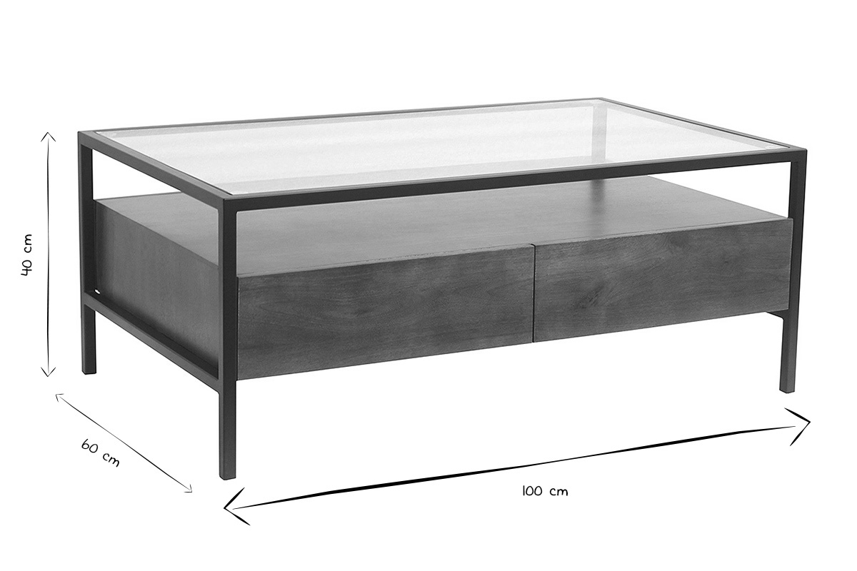 Dimensioni del tavolino SITA: L100 cm, l60 cm, H40 cm, in nero e bianco.