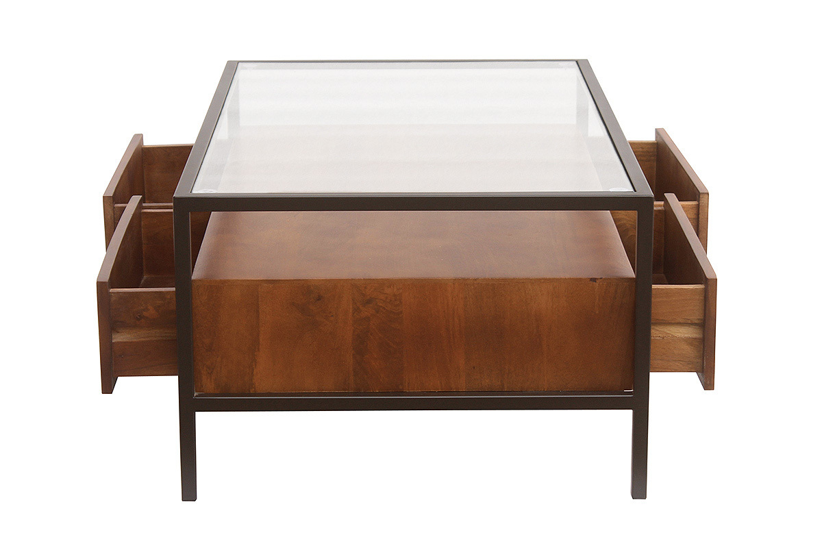 Tavolino basso rettangolare SITA in legno di mango, metallo nero, vetro, vista di profilo con cassetti aperti.