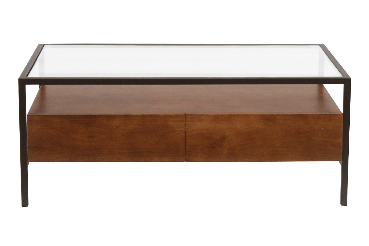 Tavolino da caff� rettangolare con contenitori in legno scuro, vetro e metallo nero, vista frontale.
