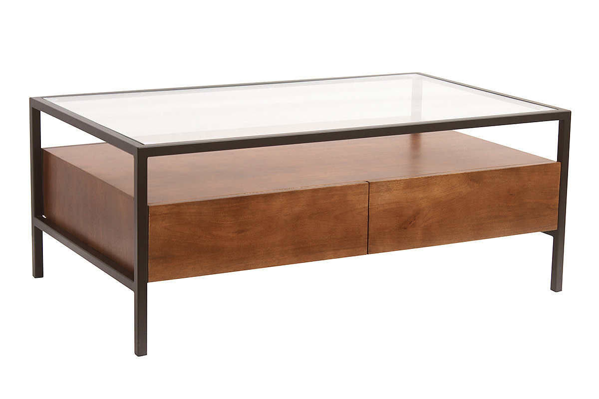 Tavolino basso rettangolare in mango massello con cassetti, piano in vetro, vista a 3/4