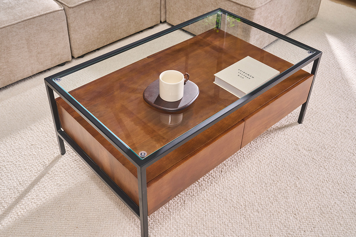 Tavolino rettangolare con contenitori in legno di mango massiccio scuro, vetro e metallo nero L100 cm SITA