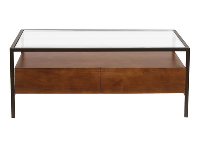 Tavolino rettangolare con contenitori in legno di mango massiccio scuro, vetro e metallo nero L100 cm SITA