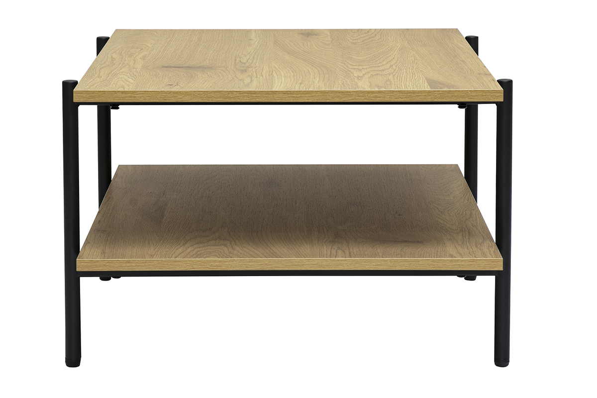 Tavolino da caff� rettangolare in legno chiaro di quercia e metallo nero, vista laterale.
