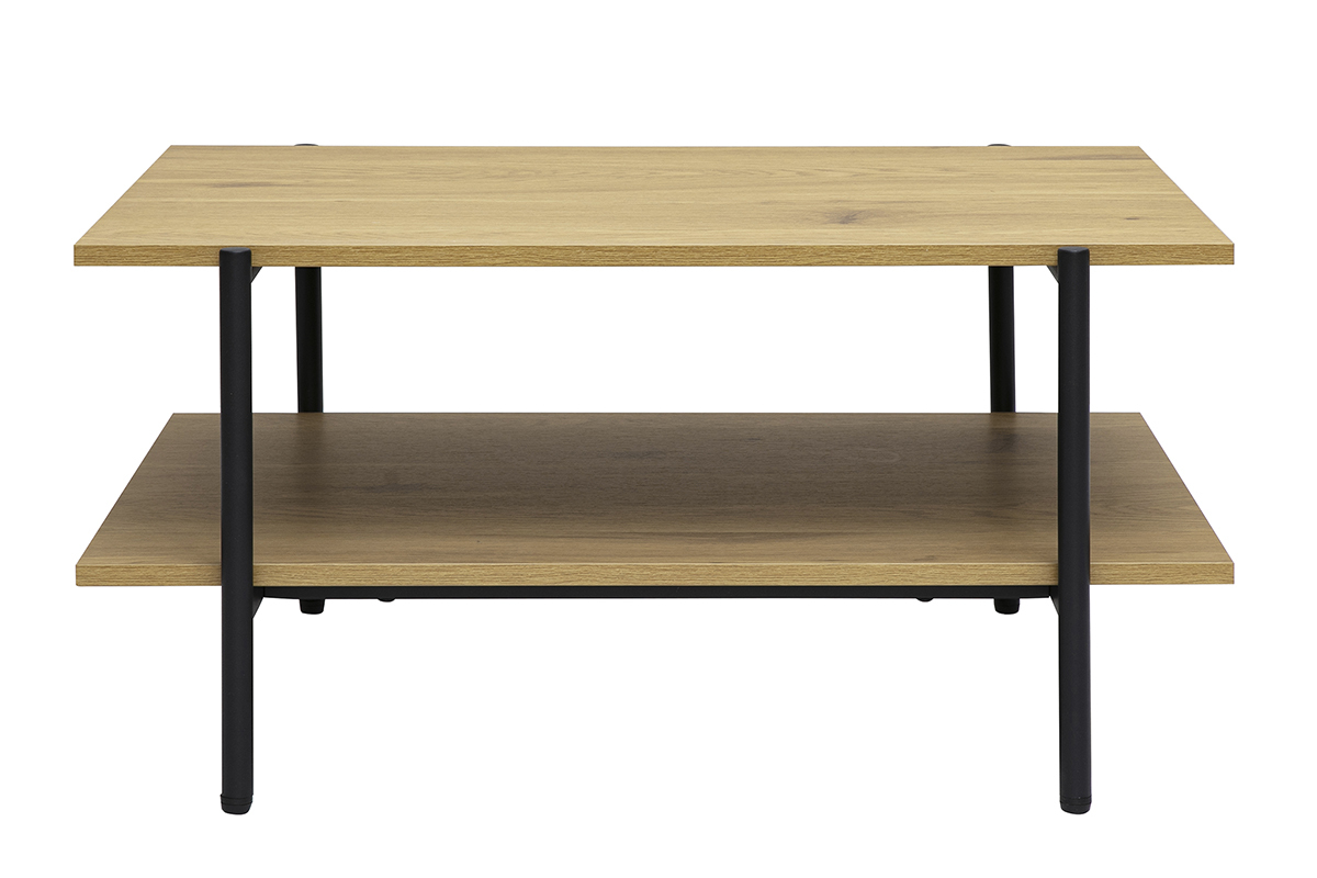Tavolino basso rettangolare in legno chiaro rovere e metallo nero con due piani, vista frontale.