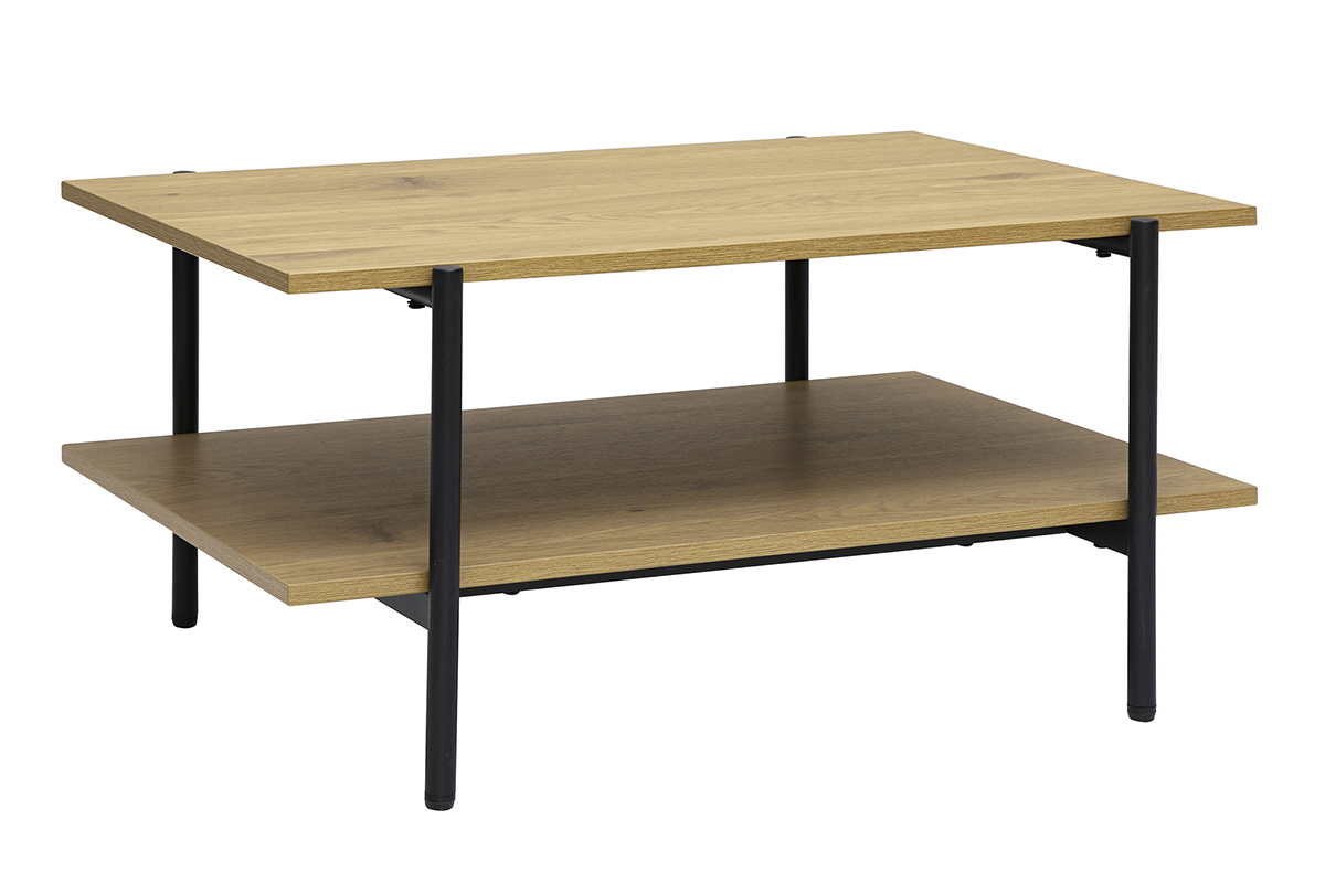 Tavolino basso rettangolare con finitura in legno chiaro di quercia e metallo nero, vista a 3/4.