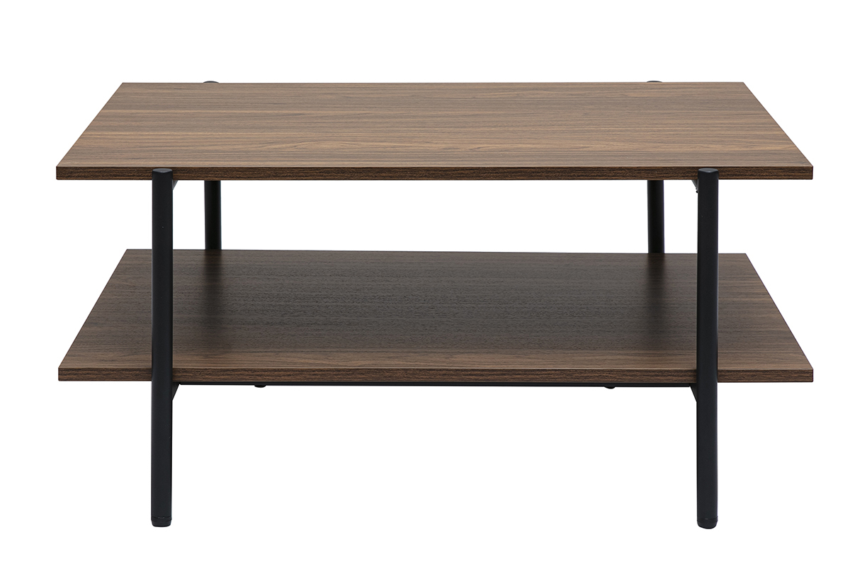 Tavolino rettangolare basso in legno noce scuro e metallo nero, vista frontale, L80 cm.