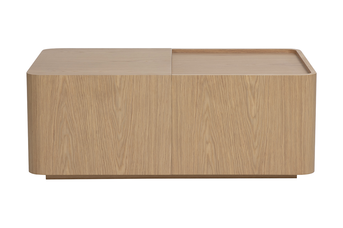 Tavolino basso in legno chiaro di quercia con contenitore, vista frontale, dimensioni L100 cm.