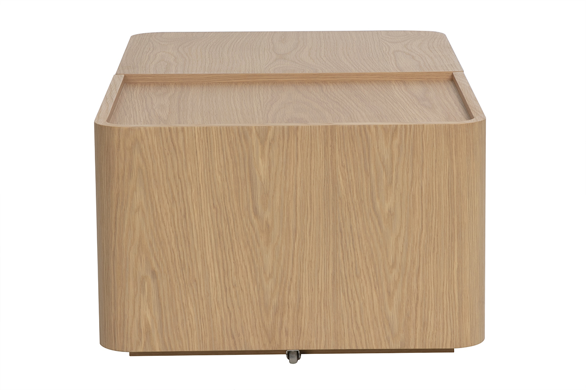 Tavolino rettangolare in legno chiaro di rovere, vista laterale con piano aperto.
