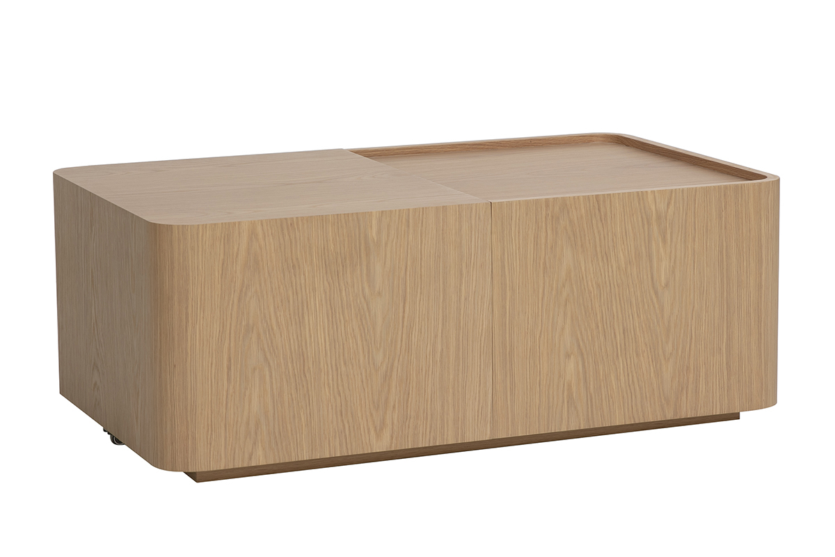 Tavolino rettangolare in legno chiaro di rovere con contenitore, vista a 3/4