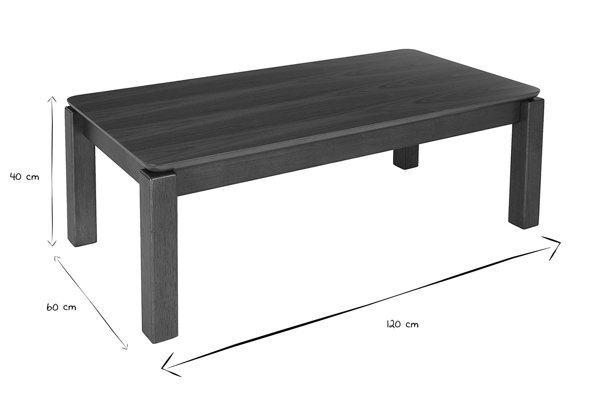Tavolino basso rettangolare RAYA in legno scuro noce, dimensioni in nero e bianco: L120 cm, l60 cm, h40 cm.