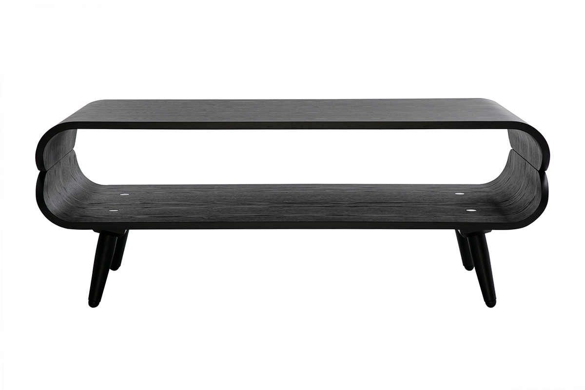 Tavolino basso rettangolare scandinavo in legno nero, vista frontale, con spazio di archiviazione sotto.