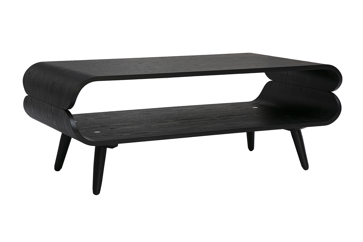 Tavolino basso rettangolare scandinavo in legno nero, vista a 3/4, con spazio di contenimento.