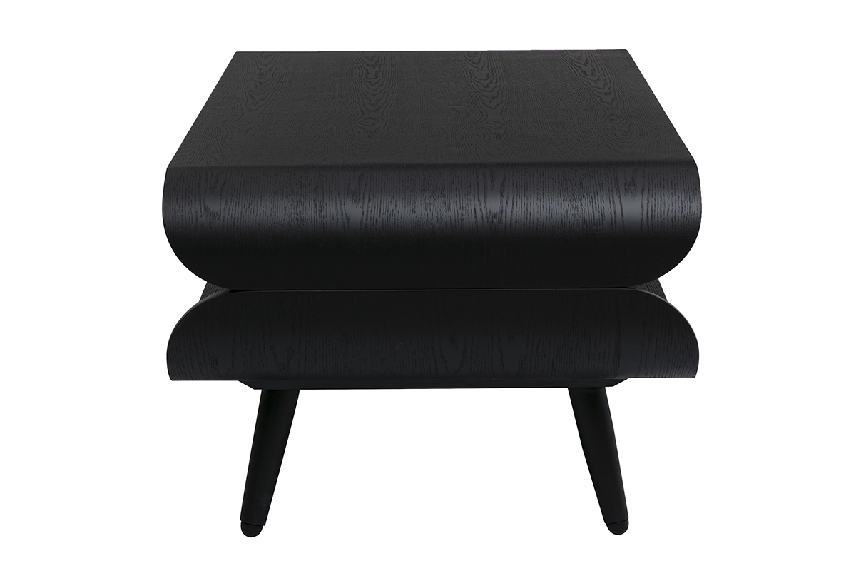Tavolino basso rettangolare scandinavo in legno nero con design arrotondato, vista di profilo