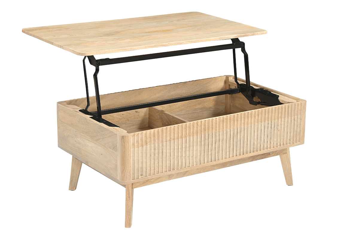 Tavolino da caff� rettangolare sollevabile in legno massello di mango con cassetto aperto, vista laterale.