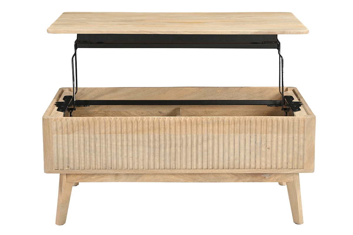 Tavolino basso rettangolare sollevabile in legno massello di mango, vista frontale con il piano aperto.