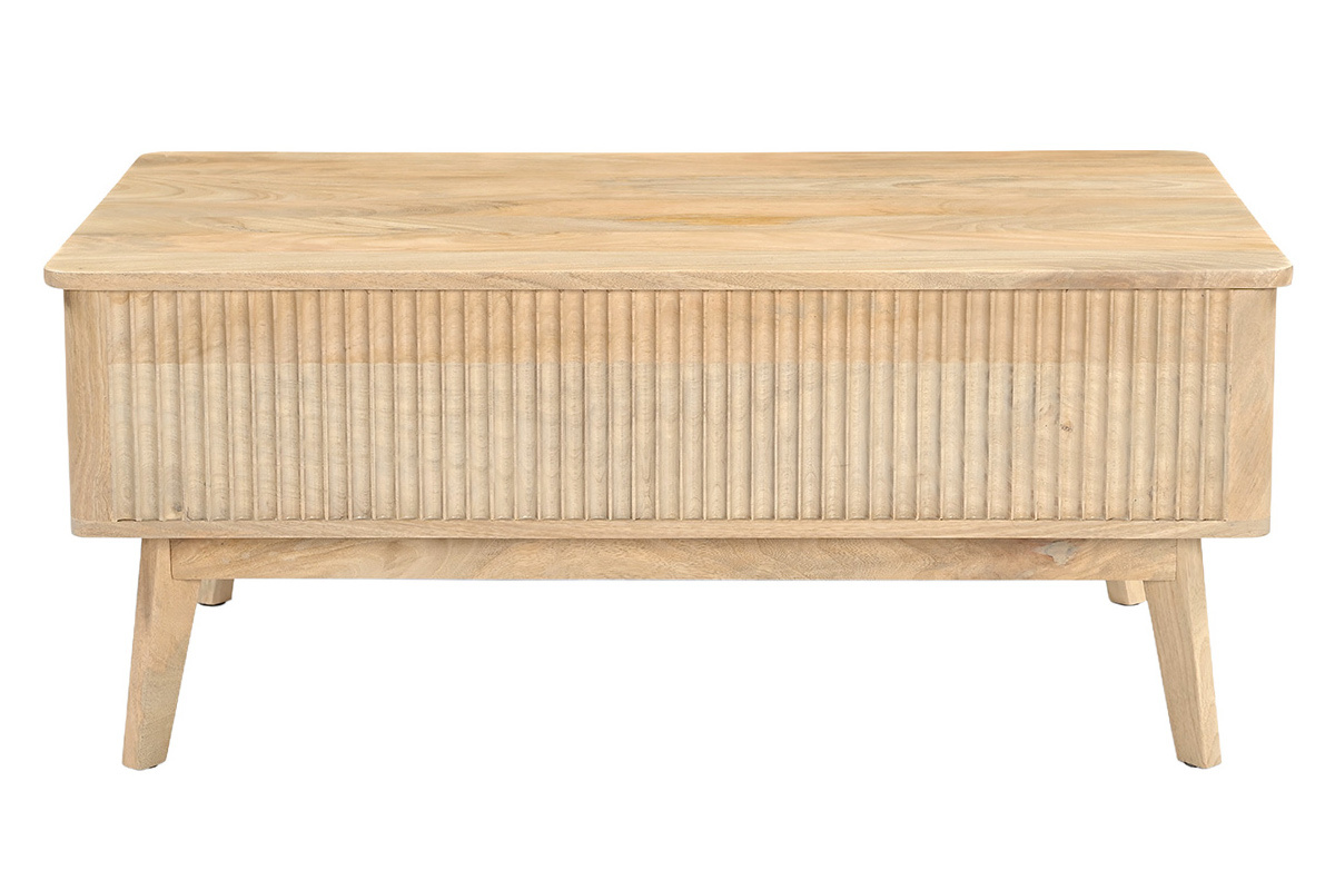 Tavolino basso rettangolare rialzabile in legno massello di mango, vista frontale, design contemporaneo.
