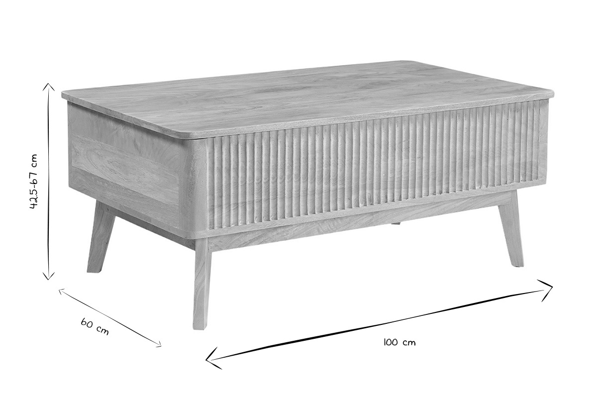 Dimensioni del tavolino da caff� sollevabile ALDA in bianco e nero: L100 x P60 x H42,5 a 67 cm