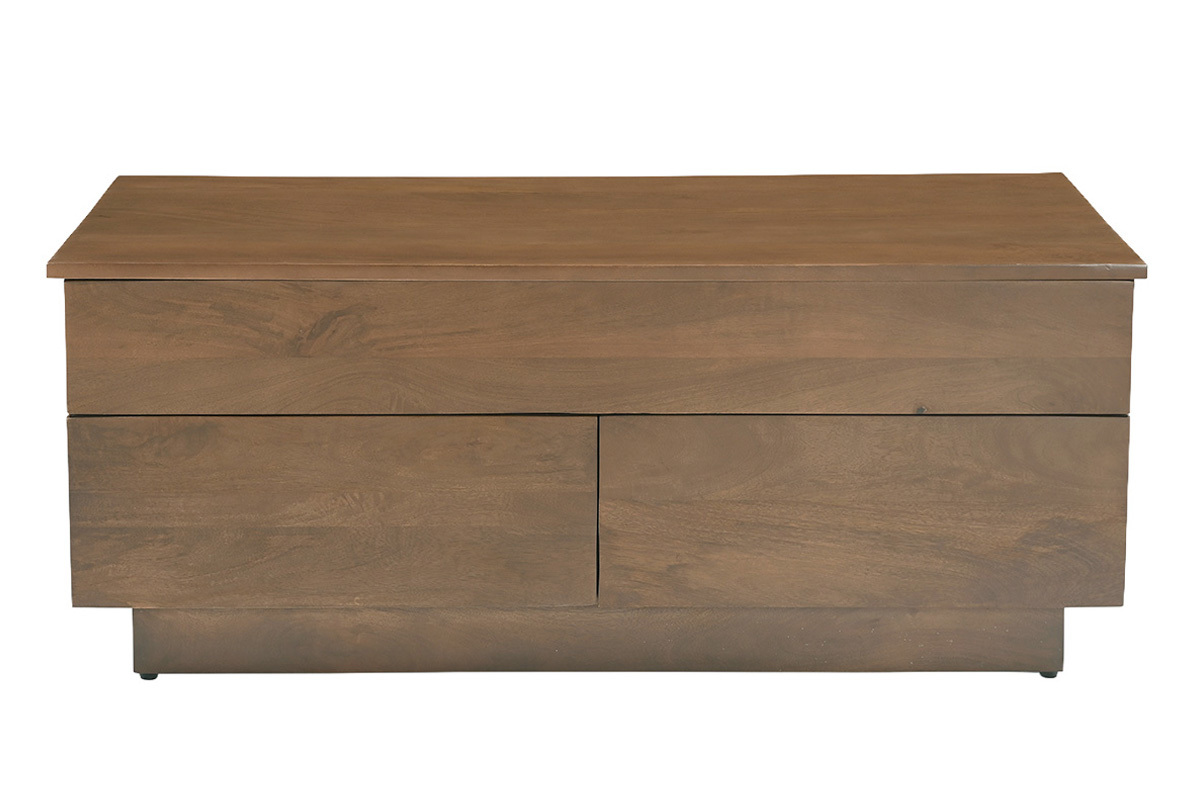 Tavolino basso rettangolare sollevabile in legno scuro di mango, vista frontale con cassetti