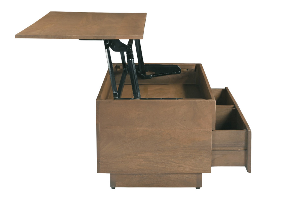 Tavolino da caff� sollevabile in legno di mango scuro, vista laterale con cassetti aperti.