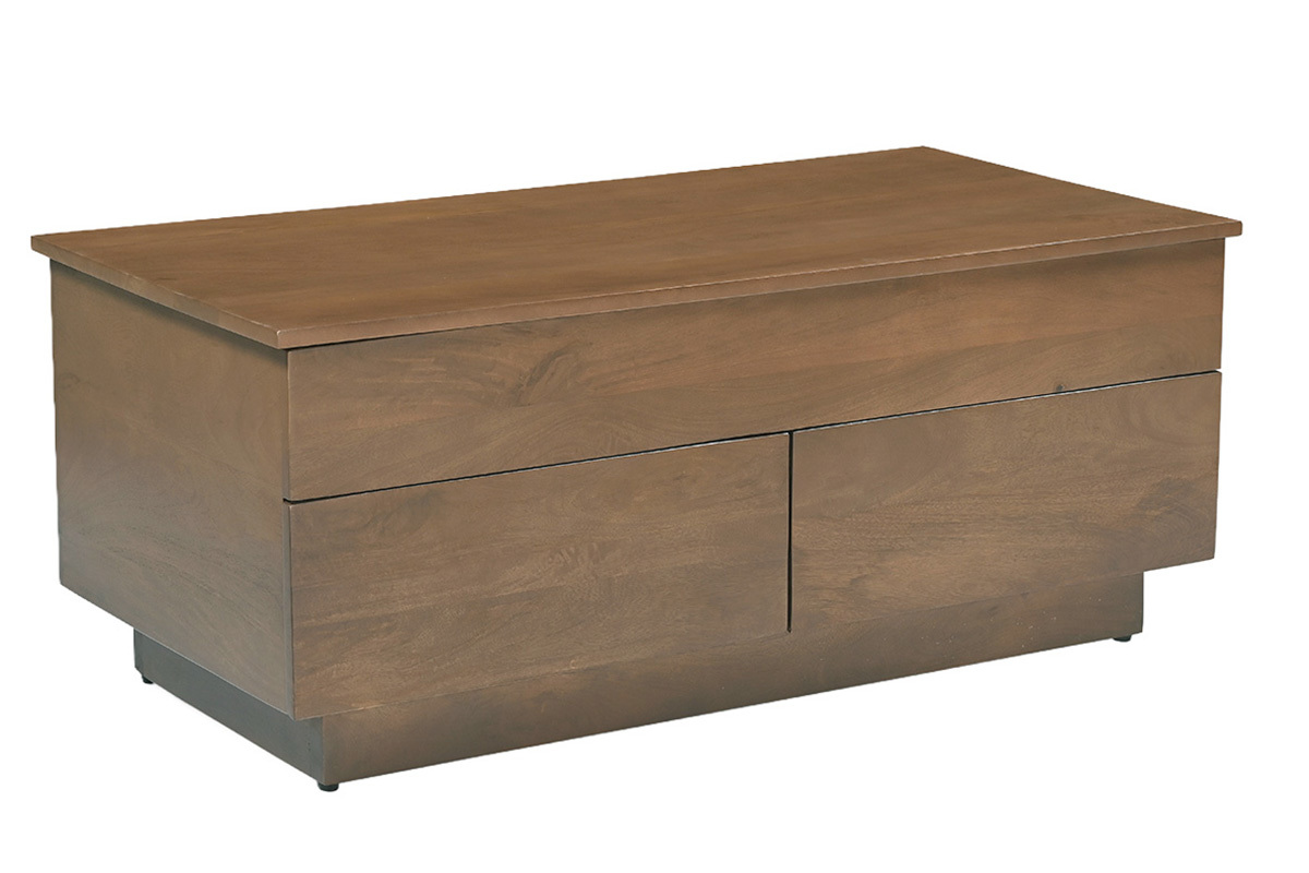 Tavolino basso rettangolare in legno scuro di mango massello con due cassetti, vista a 3/4.