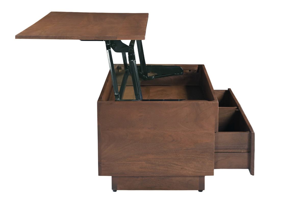 Tavolino basso sollevabile in legno scuro, vista laterale con piano sollevato e cassetti aperti.