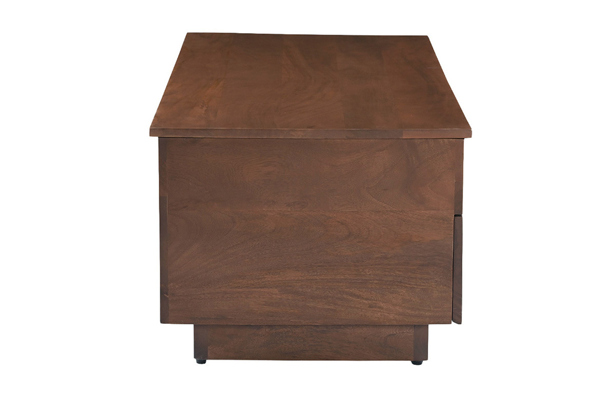 Tavolino basso rettangolare sollevabile in legno di mango scuro, vista laterale, L102 cm.