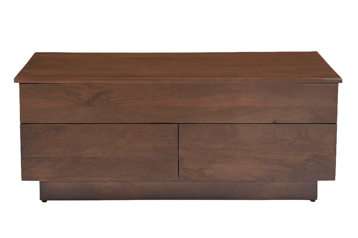 Tavolino da caff� rettangolare sollevabile in legno scuro di mango massello, vista frontale.
