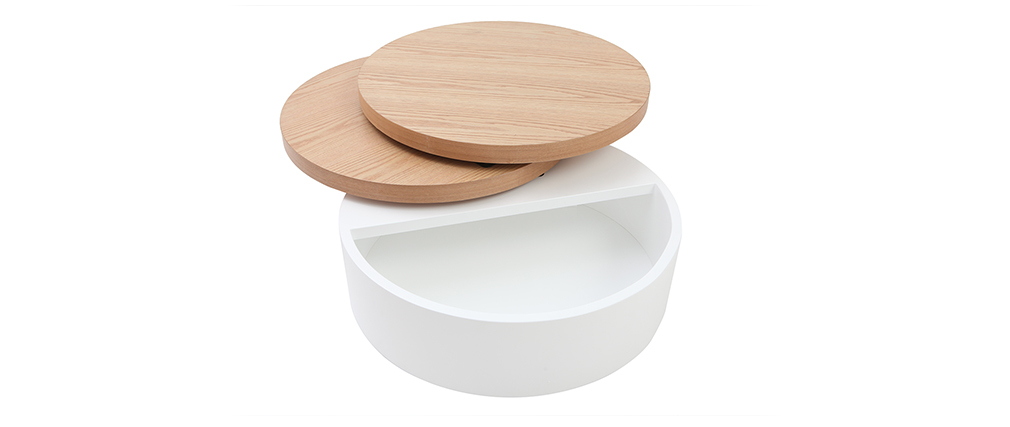 Tavolino rotondo con piatti girevoli e cassetti bianco e legno ICON