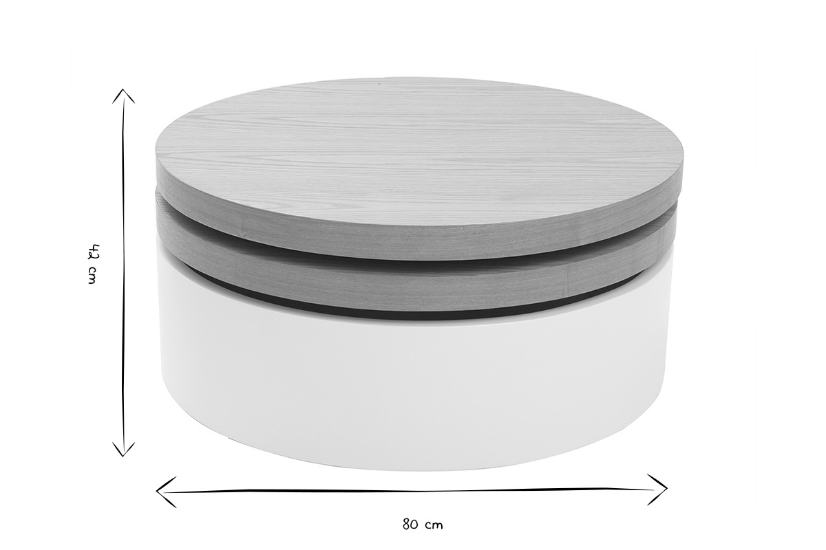 Tavolino rotondo con piatti girevoli e cassetti bianco e legno ICON