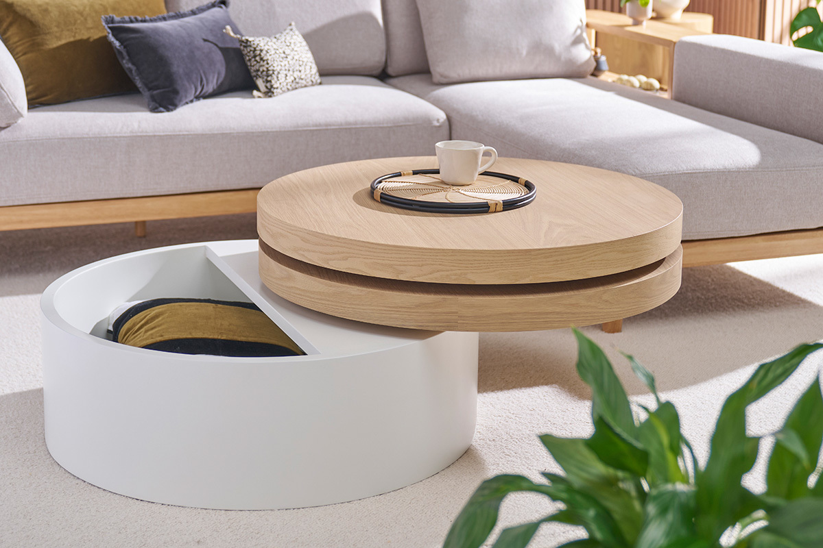 Tavolino rotondo con piatti girevoli e cassetti bianco e legno ICON