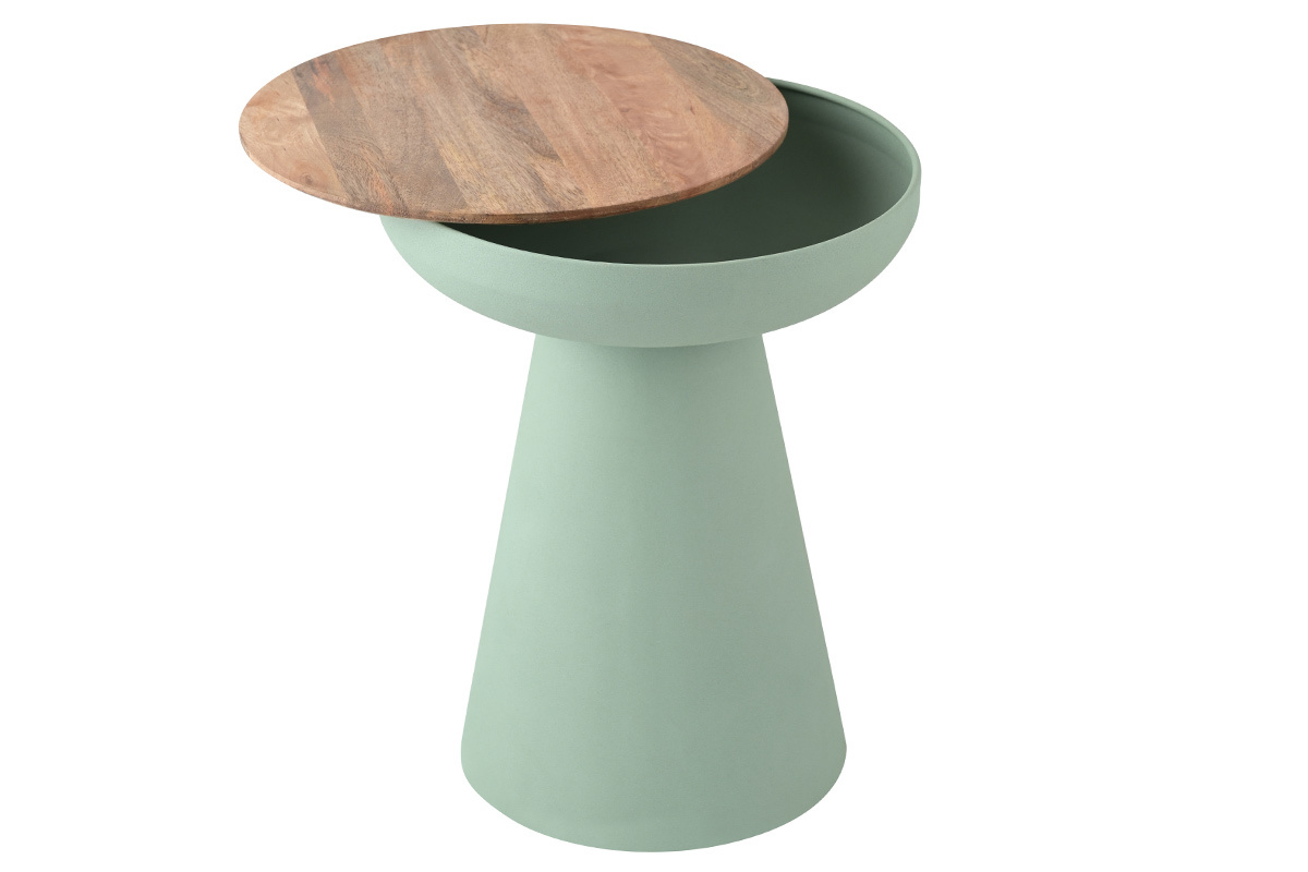 Tavolino rotondo design con vano in metallo celadon e legno massello di mango H52 cm TAM