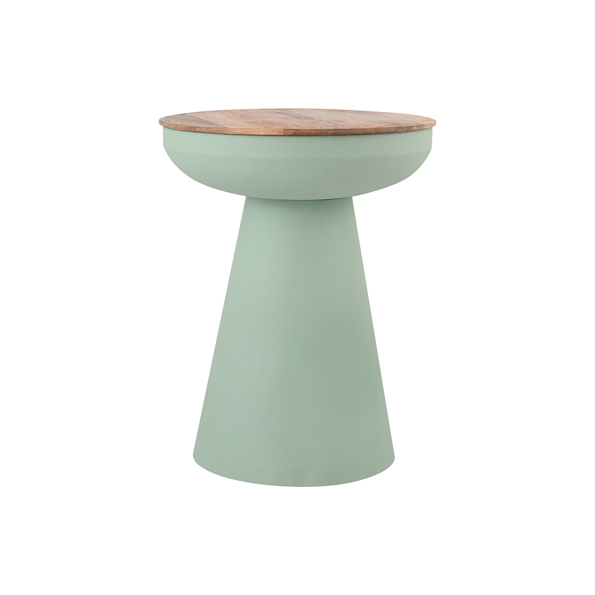 Tavolino rotondo design con vano in metallo celadon e legno massello di mango H52 cm TAM