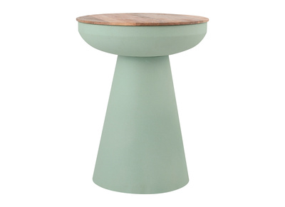 Tavolino rotondo design con vano in metallo celadon e legno massello di mango H52 cm TAM