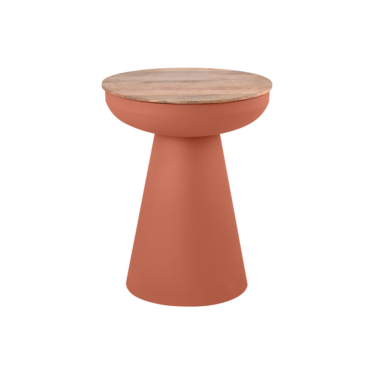 Tavolino rotondo design con vano in metallo terracotta e legno massello di manghime H52 cm TAM