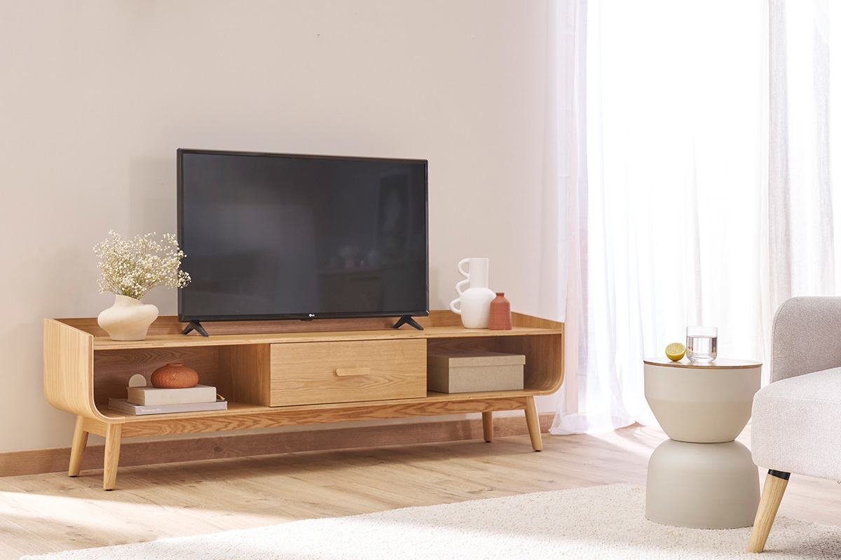 Tavolino rotondo design con vano portaoggetti in metallo greige e legno di mango massiccio D30 cm YOYO