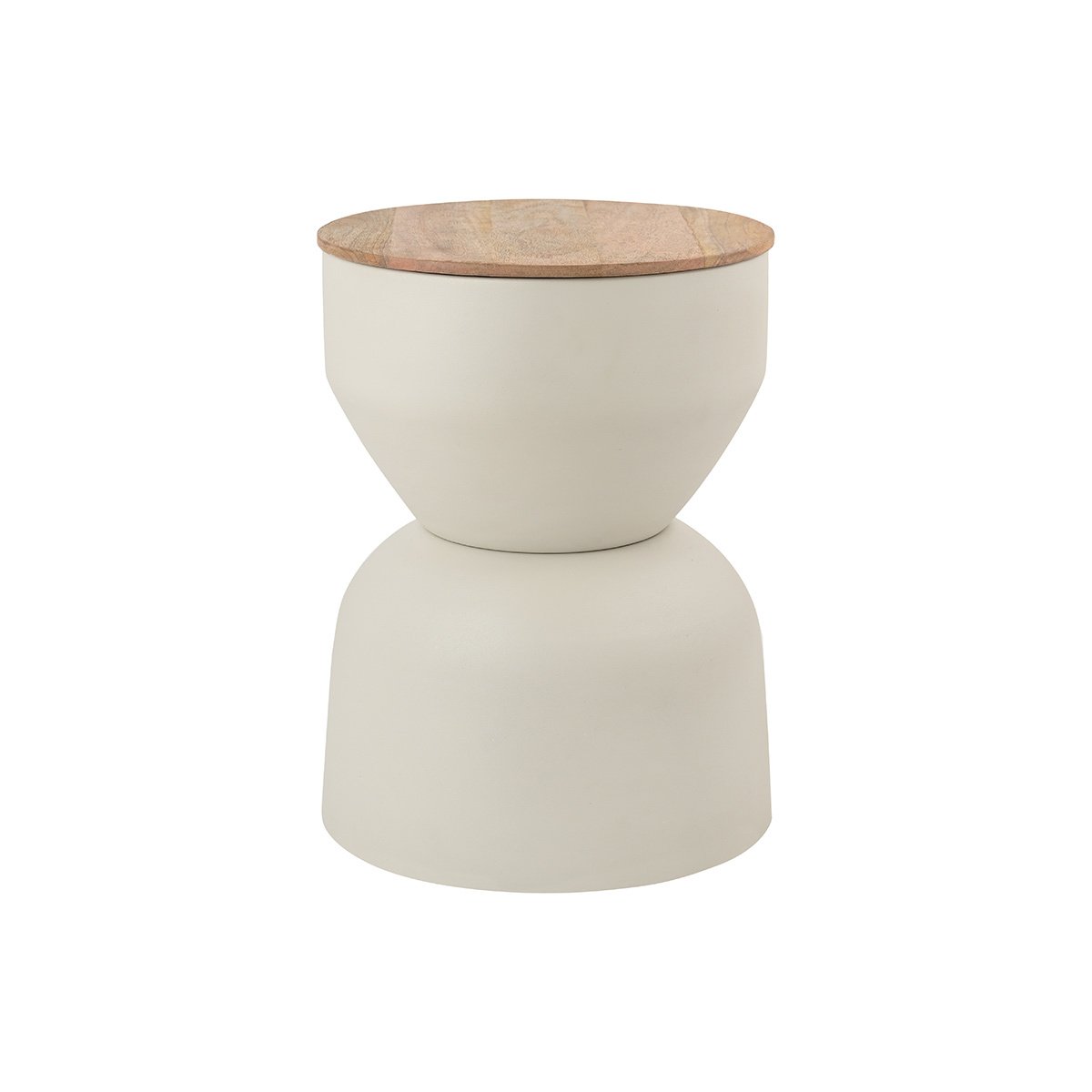 Tavolino rotondo design con vano portaoggetti in metallo greige e legno di mango massiccio D30 cm YOYO