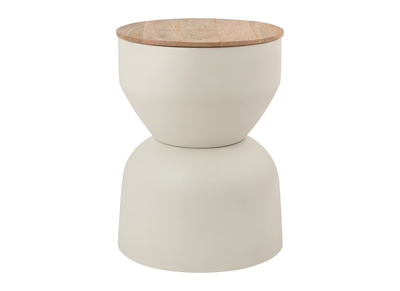 Tavolino rotondo design con vano portaoggetti in metallo greige e legno di mango massiccio D30 cm YOYO