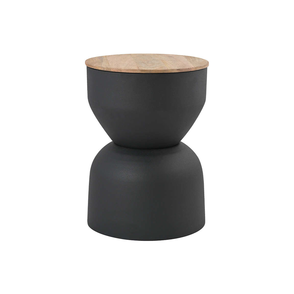 Tavolino rotondo design con vano portaoggetti in metallo grigio antracite e legno di mango massiccio D30 cm YOYO