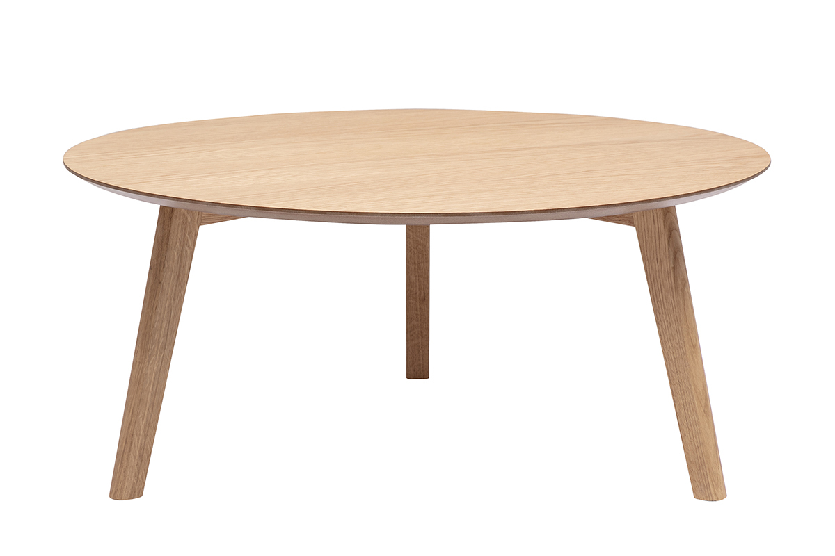 Tavolino basso rotondo scandinavo in legno chiaro di quercia D90 cm ORKAD, vista frontale.