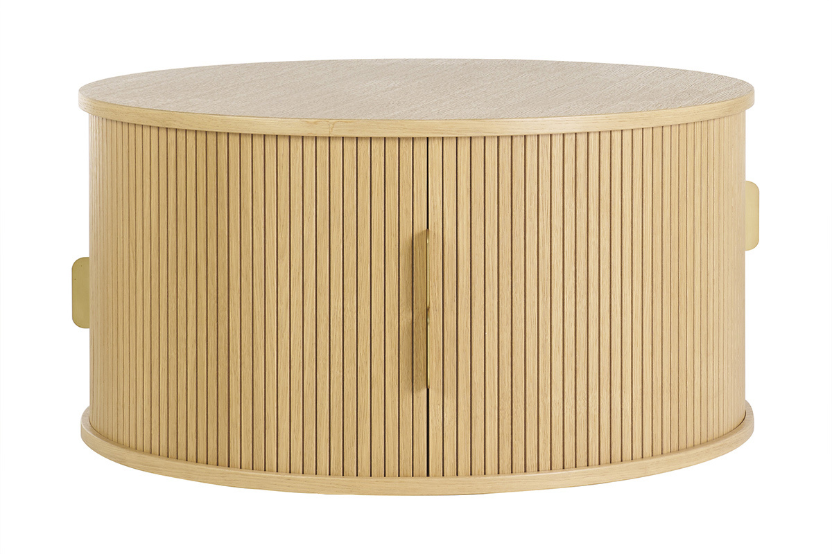 Tavolino rotondo in finitura legno chiaro rovere con 2 ante scorrevoli D80 cm EPIC