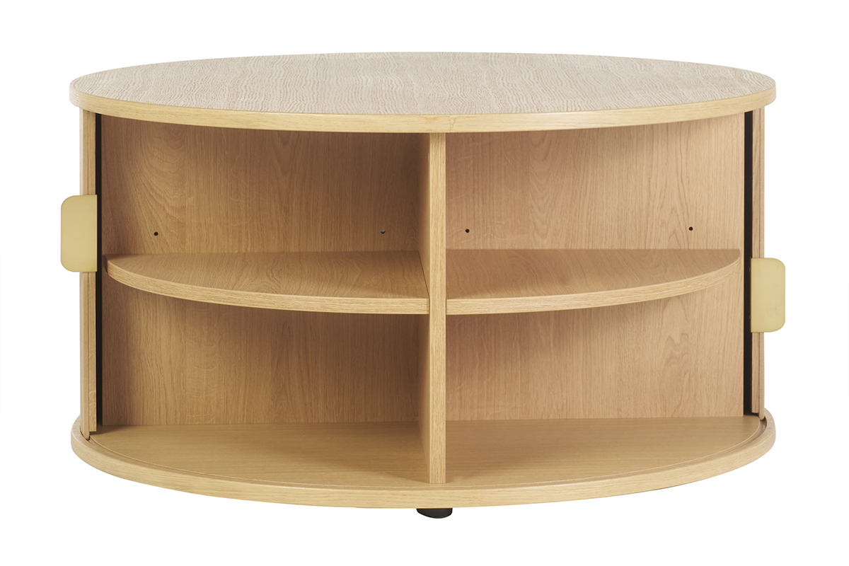Tavolino rotondo in finitura legno chiaro rovere con 2 ante scorrevoli D80 cm EPIC