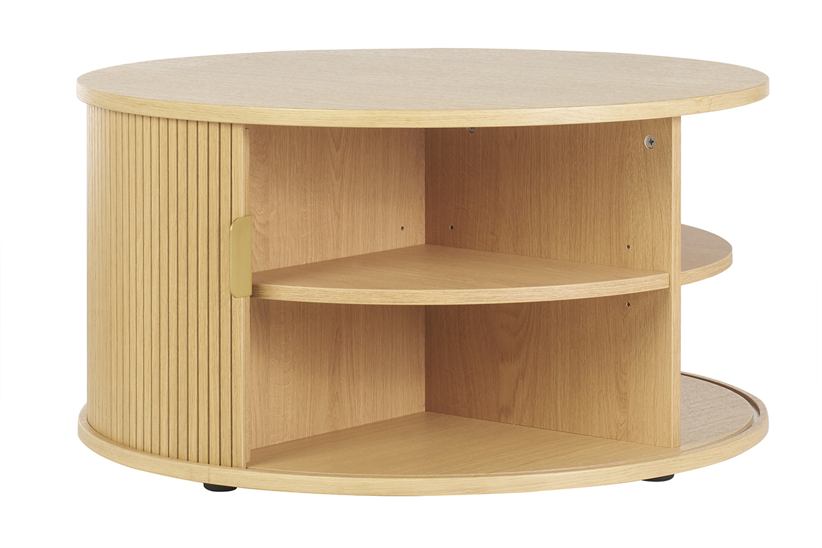 Tavolino rotondo in finitura legno chiaro rovere con 2 ante scorrevoli D80 cm EPIC