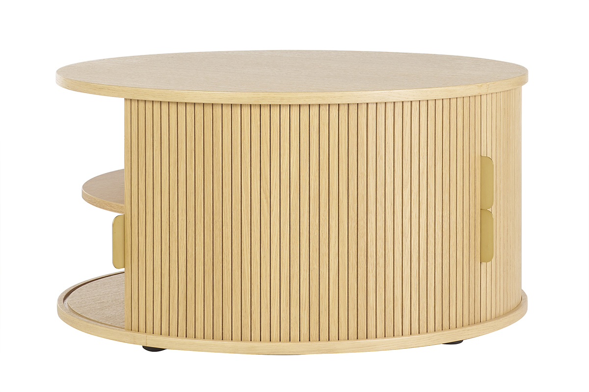 Tavolino rotondo in finitura legno chiaro rovere con 2 ante scorrevoli D80 cm EPIC