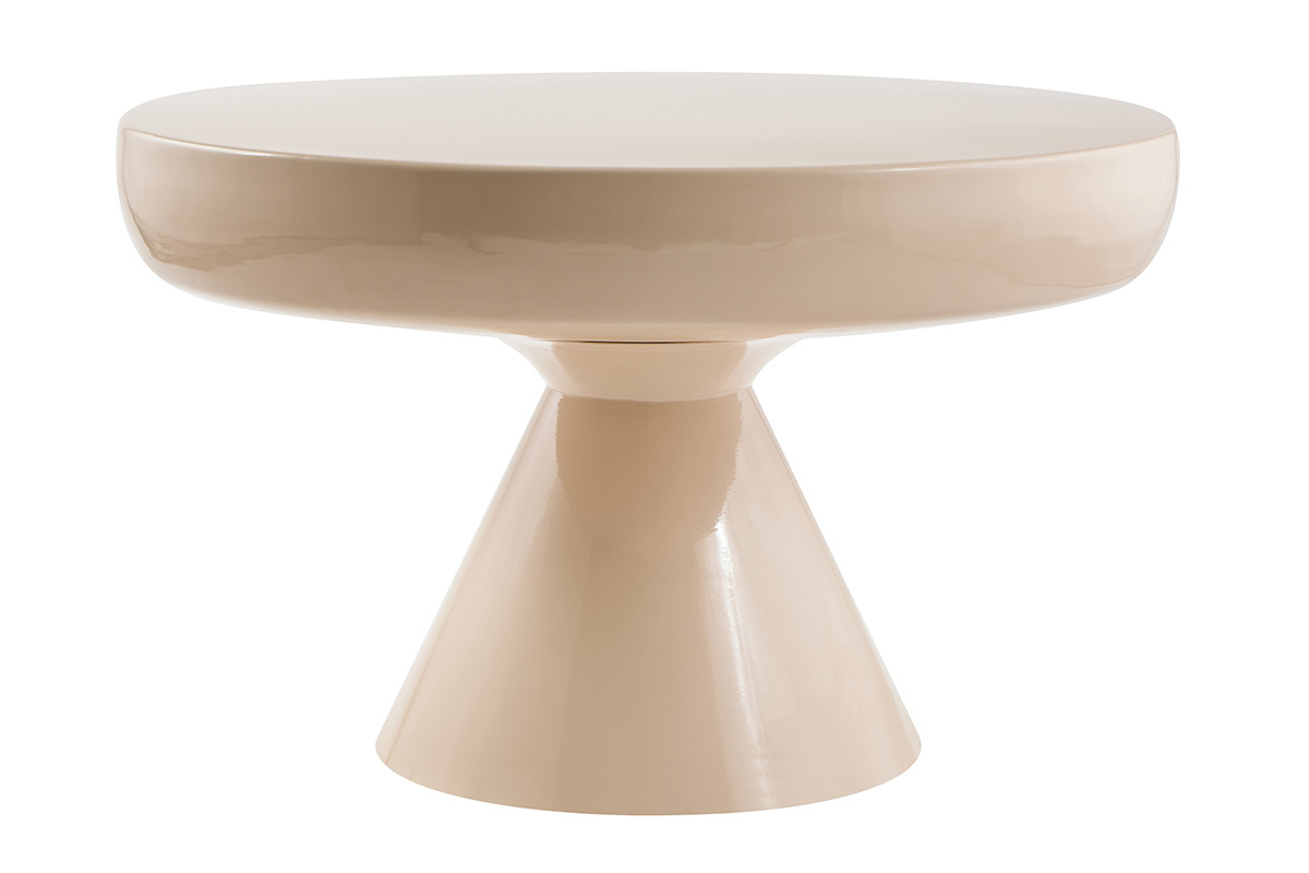 Tavolino basso rotondo in metallo smaltato beige, diametro 59 cm, vista frontale.