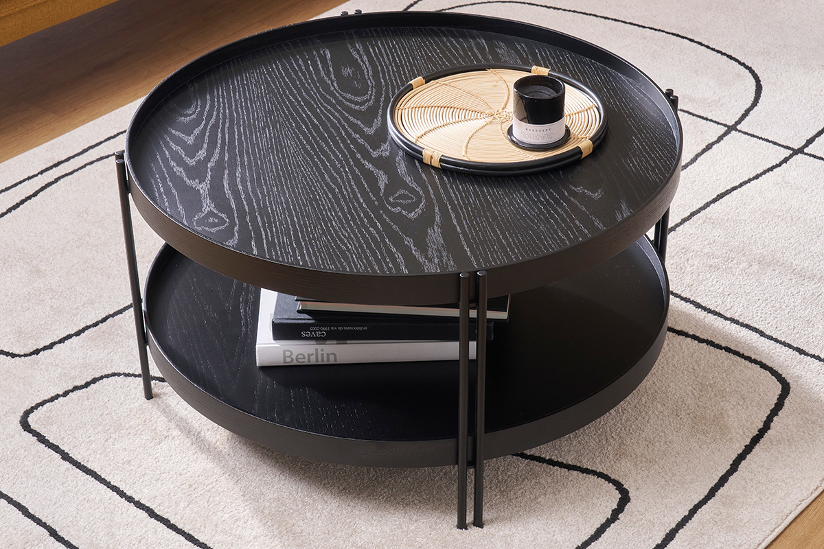 Tavolino rotondo in rovere nero e finitura metallo D80 cm TWICE