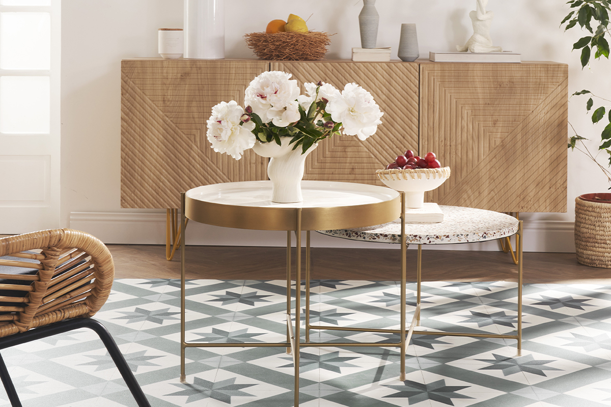 Tavolino salotto design tondo in terrazzo e metallo dorato D55 cm MEZZO