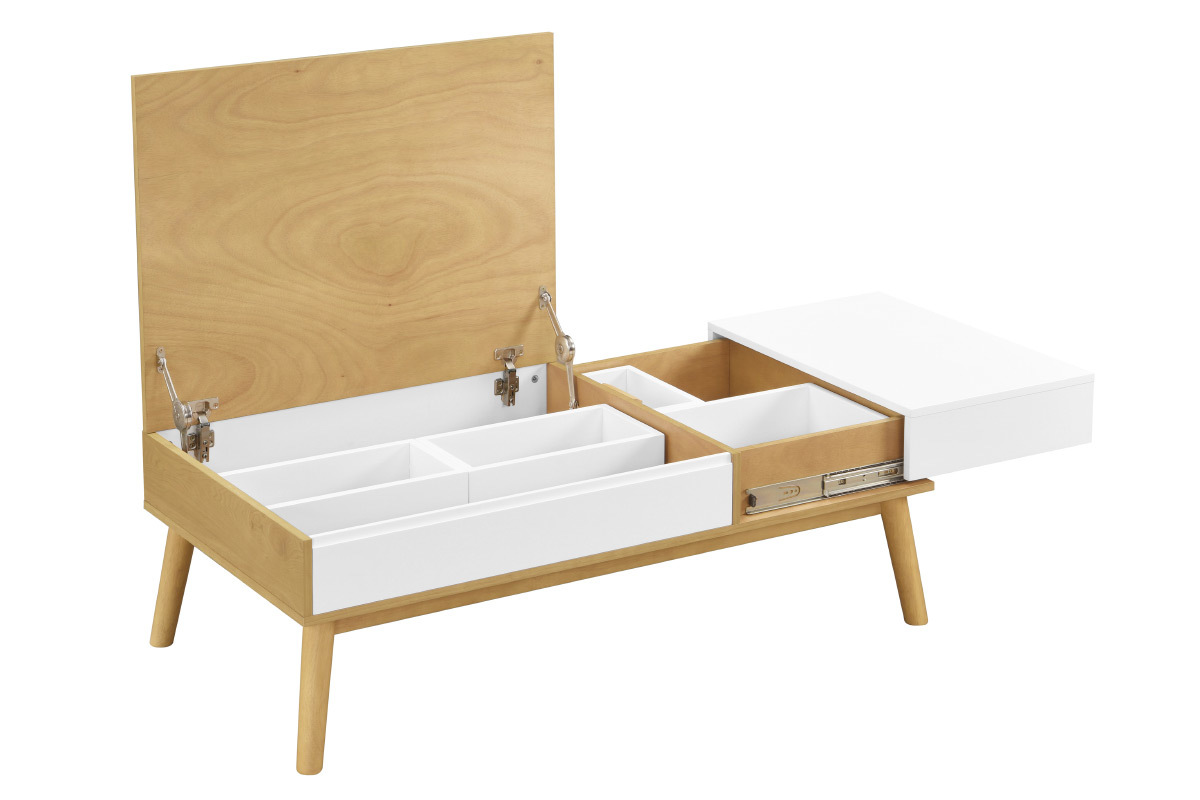 Tavolino scandinavo in legno chiaro e bianco con contenitore TALIA