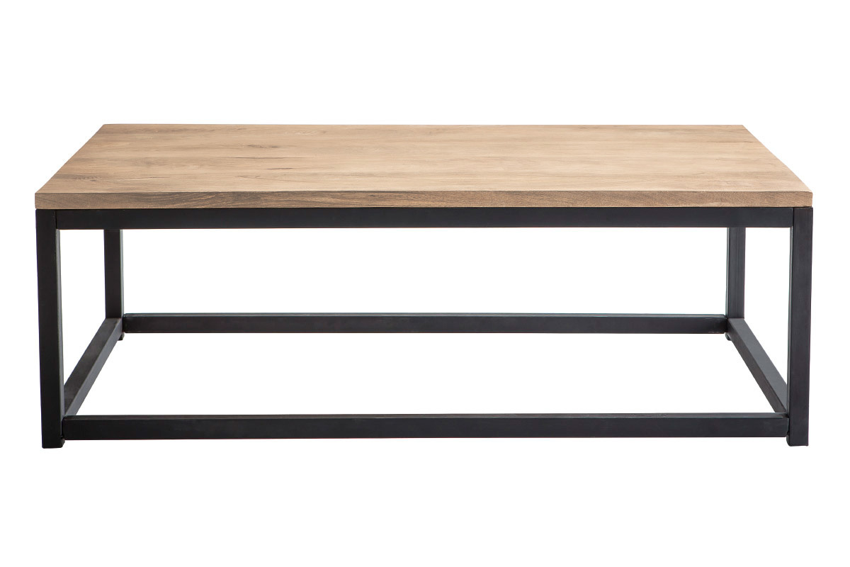 Tavolino basso rettangolare in legno chiaro di mango massiccio e metallo nero, vista frontale